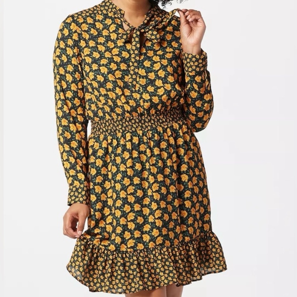 Sam Edelman Floral Print Smocked Tie Neck Dress L